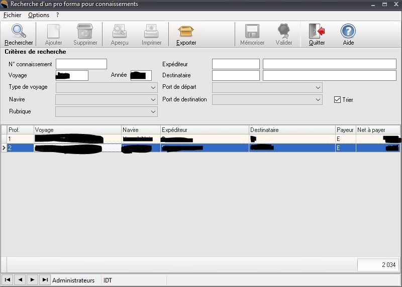 Fenetre de saisie d'un connaissement